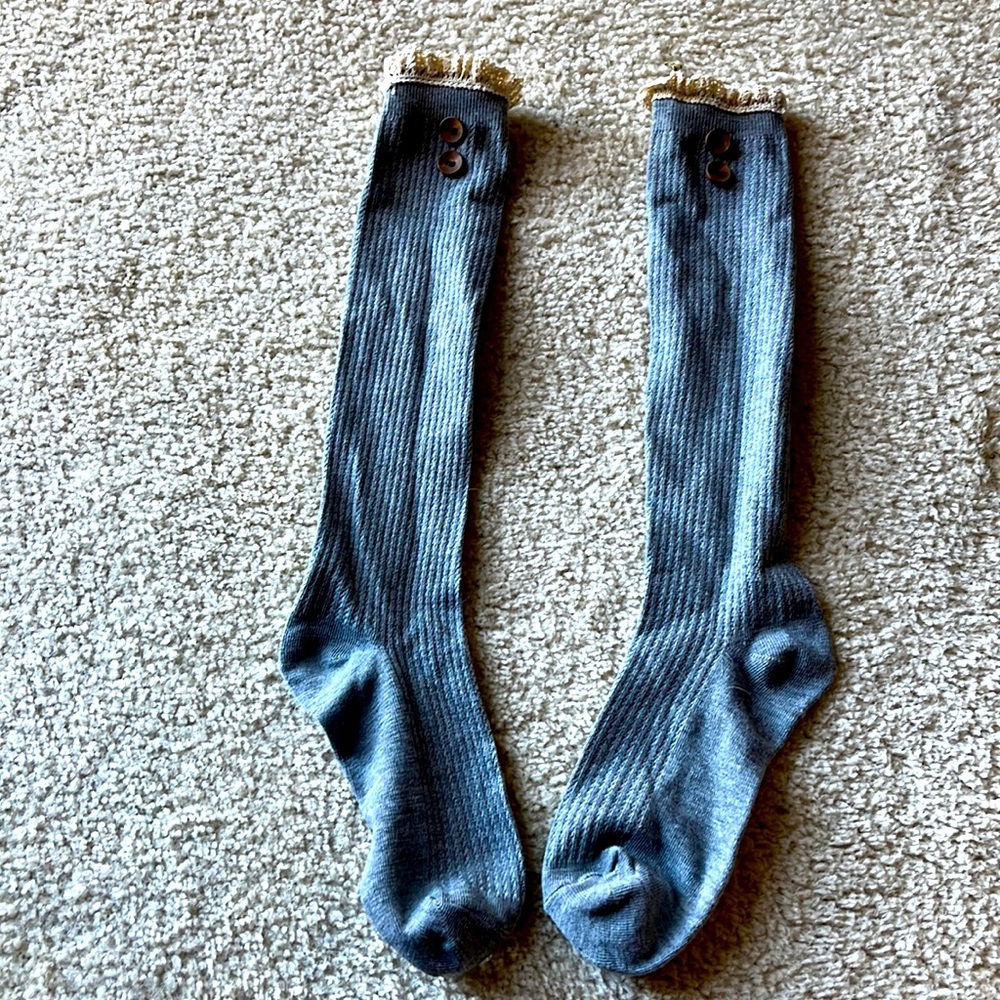 Gray boot socks with wooden buttons and lace trim